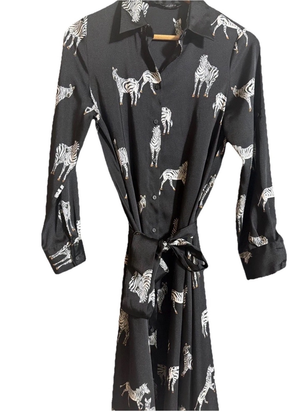 Zara Black & White Zebra Print Button Down Belted Midi Dress satin finish Sz S